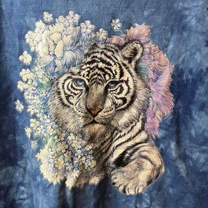 Vintage Y2K White Tiger Flower Blue Tie Dye T Shirt Large FOTL